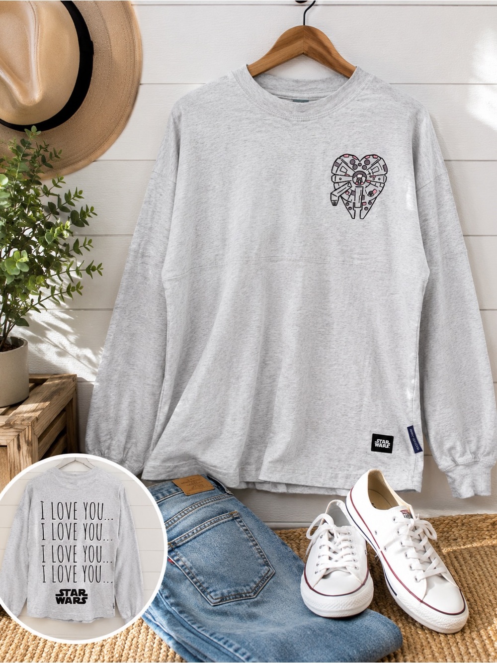 Star Wars Light Gray Long-Sleeve Tee with Heart Millennium Falcon Motif